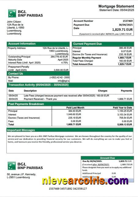 Luxembourg BGL BNP Paribas mortgage statement Word and PDF template